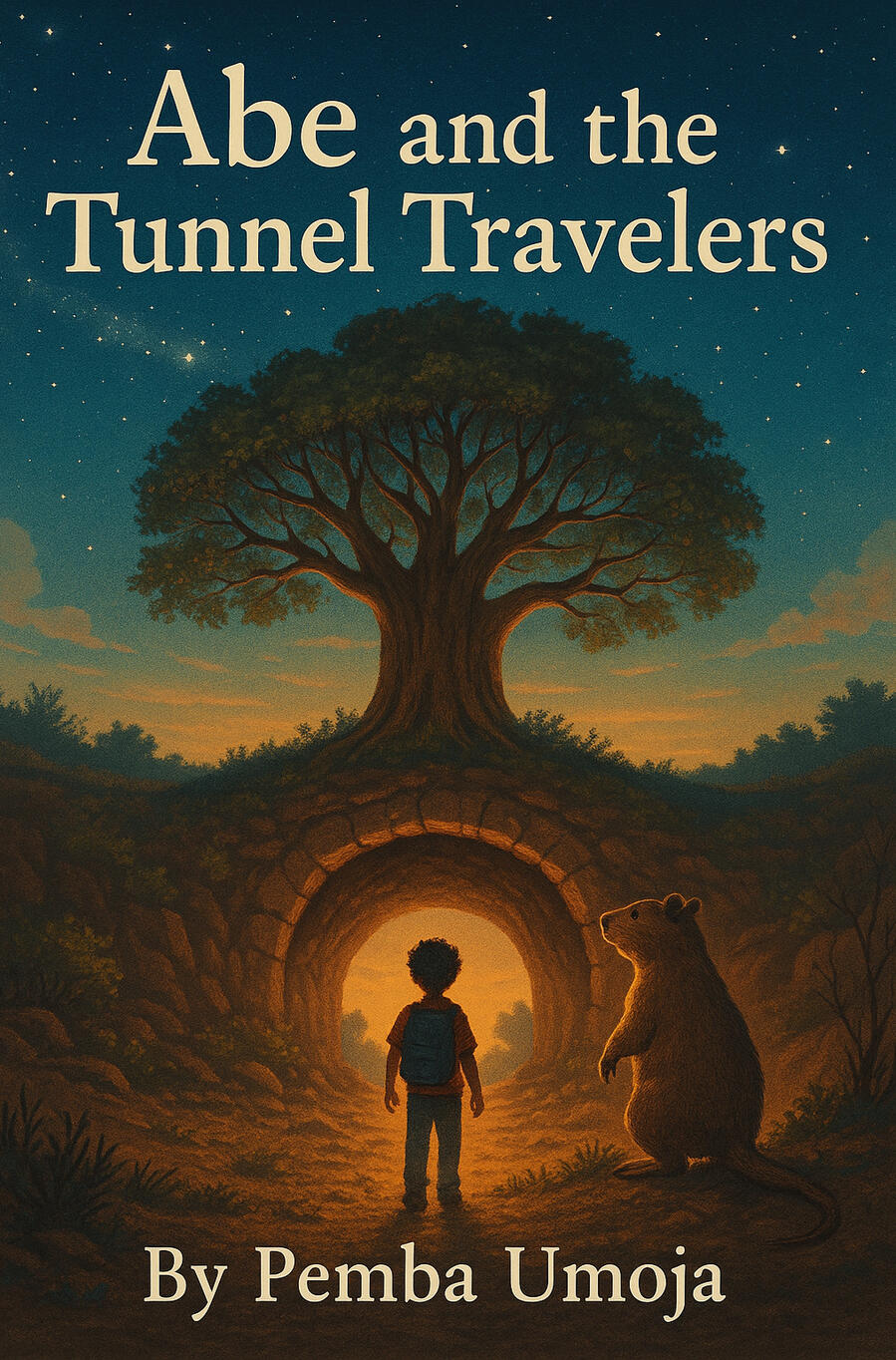 Abe and the Tunnel Travelers – Written by Pemba Umoja Illustrated cover for Abe and the Tunnel Travelers by Pemba Umoja. A young African boy with a backpack stands at the glowing entrance of a mysterious tunnel beneath a giant tree at twilight, while a large, gentle gopher companion looks on. Stars dot the sk