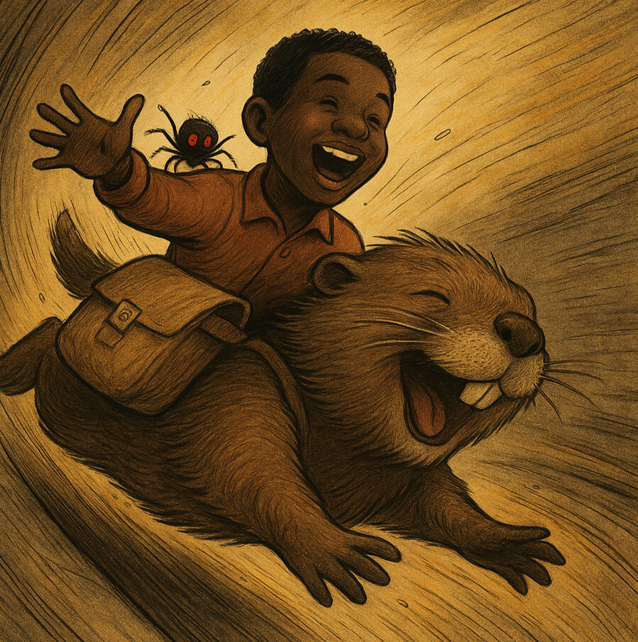 Abe and George Race Down the Ancient Chute with BOJOBO A joyful young African boy named Abe rides a large, laughing gopher named George as they speed through a winding stone chute. Abe throws one arm into the air with exhilaration, while a wide-eyed black spider named BOJOBO clings to his shoulder. The backgro