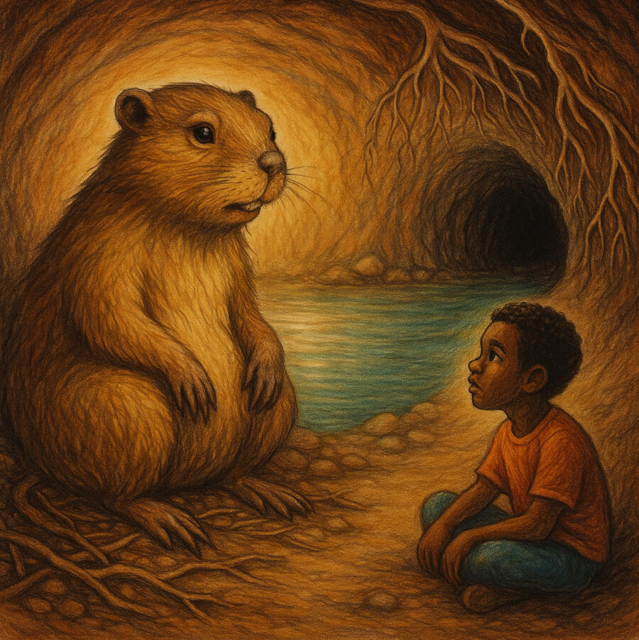 George Shares His Story by the Underground Pool Inside a warmly lit tunnel beside a still underground pool, a large gopher named George sits on his haunches, speaking thoughtfully. Across from him, a young African boy named Abe listens intently, seated on the root-covered earth. The two are surrounded b