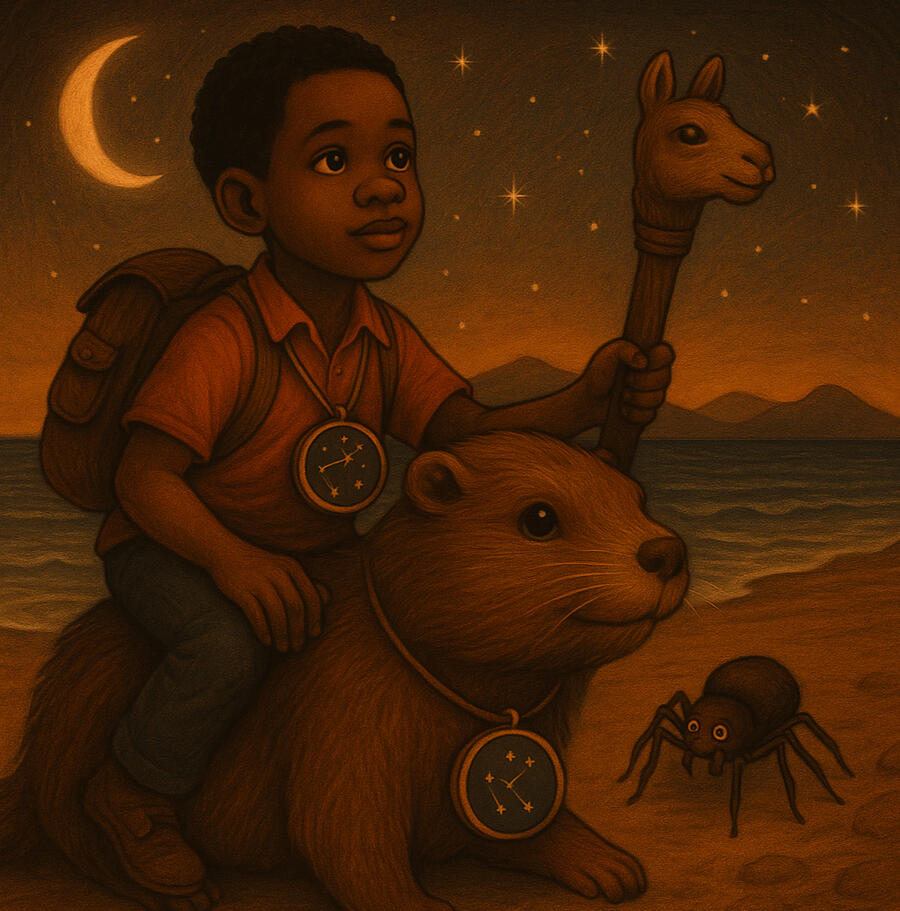Abe, George, and BOJOBO Gaze Toward the Stars on the Shores of the Isles of Tranquility A young African boy named Abe sits on the back of a large, friendly gopher named George at twilight, holding a carved llama staff and wearing a medallion featuring the Orion constellation. Beside them stands BOJOBO, a small black spider. The trio gazes up
